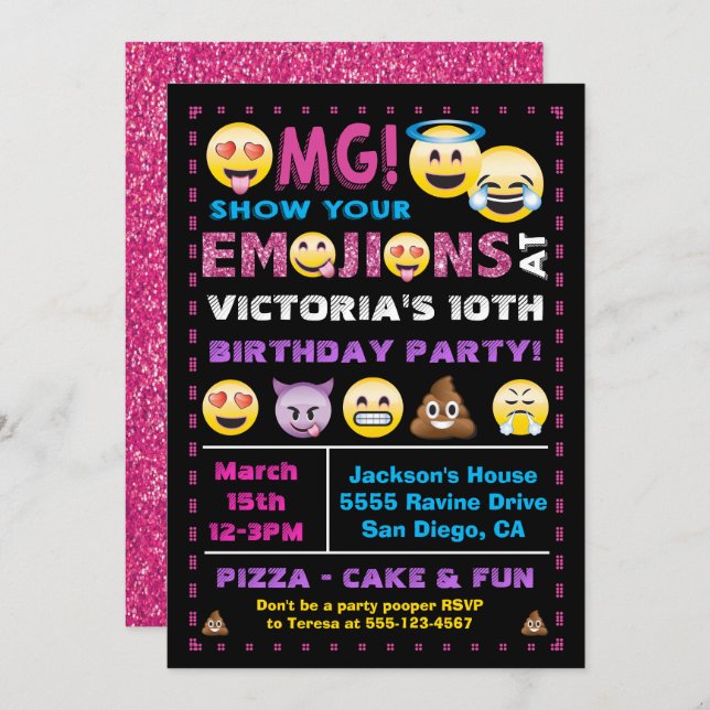 Emoji Pink Glitzer Geburtstagsparty Einladung (Vorne/Hinten)