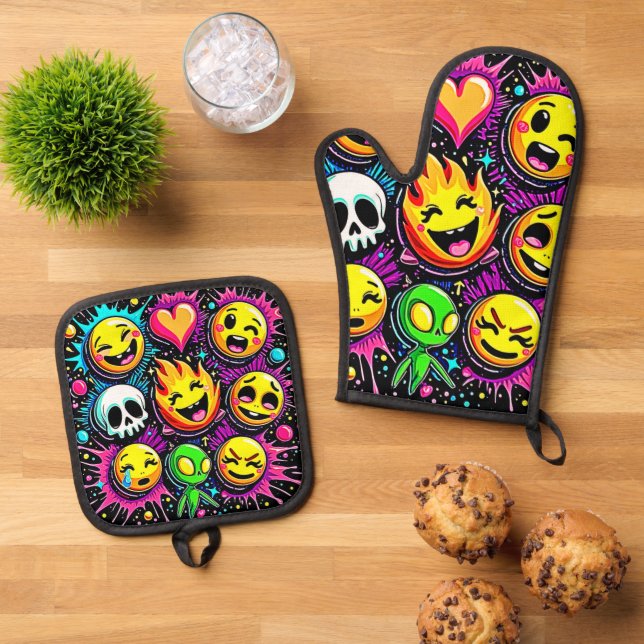 Emoji Pop Art Ofenhandschuh & Topflappen-Set (Oben Unten)