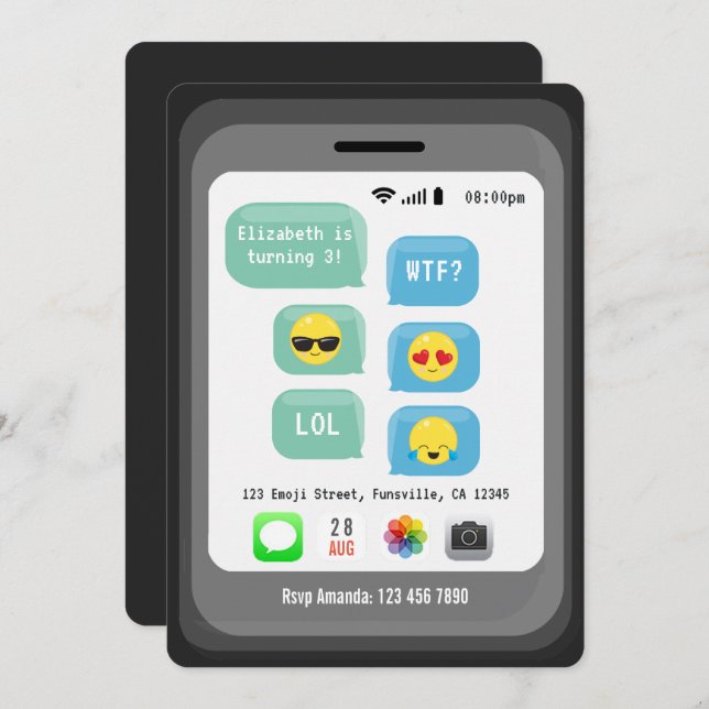 Emoji Thema Geburtstagsfeier Einladung (Vorne/Hinten)