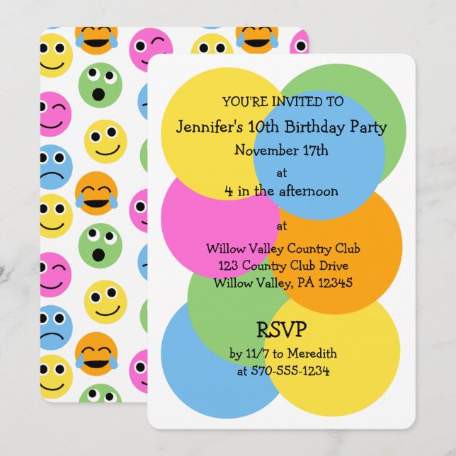 Emojis Emoticons Colorful Circles Custom Party Einladung (Vorne/Hinten)