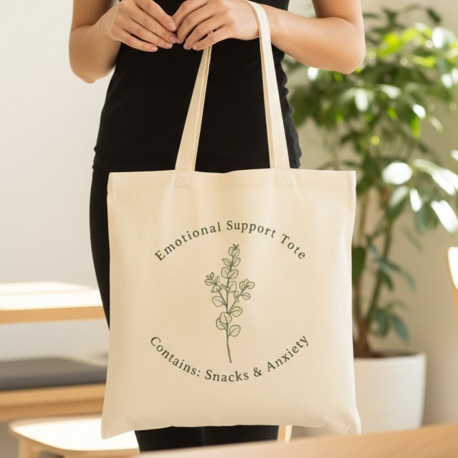 Emotional Support Funny Sage Green Mental Health Tragetasche (Sage Green Eucalyptus illustration + Typography: Emotional Support Tote - Contains: Snacks & Anxiety)