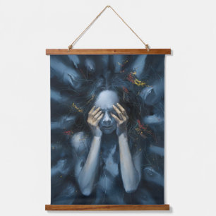 Emotionales Abstraktes Portrait - Surreal Blue Art Wandteppich Mit Holzrahmen