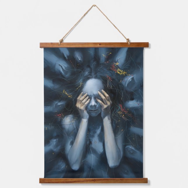 Emotionales Abstraktes Portrait - Surreal Blue Art Wandteppich Mit Holzrahmen (Vorderseite)