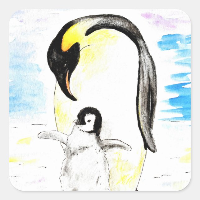 Emperor Penguin and Chick Watercolor Painting Quadratischer Aufkleber (Vorderseite)