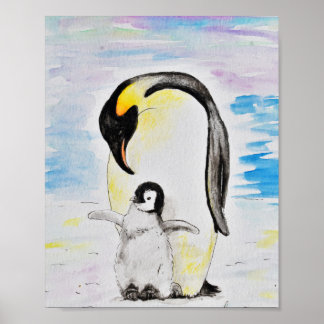 Emperor Pinguin und Chick Watercolor Malerei Poster