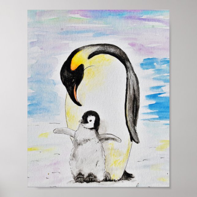 Emperor Pinguin und Chick Watercolor Malerei Poster (Vorne)