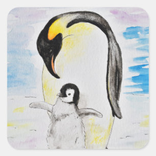 Emperor Pinguin und Chick Watercolor Malerei Quadratischer Aufkleber