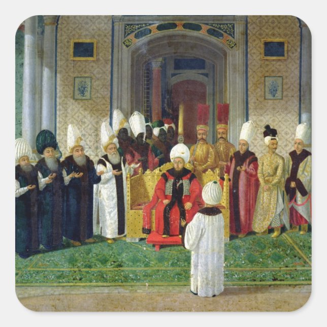 Empfang am Gericht von Sultan Selim III Quadratischer Aufkleber (Vorderseite)
