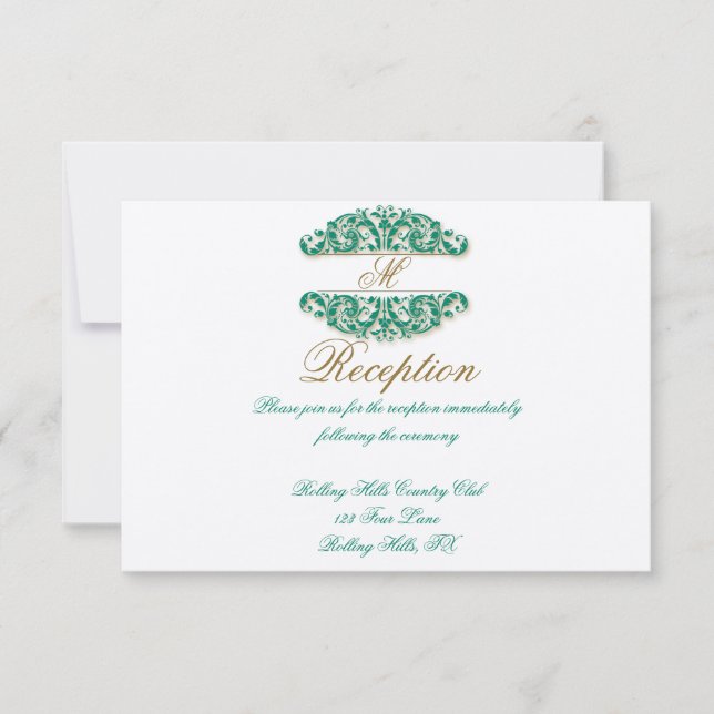 Empfang aus Gold und Aquamarinem Vintagem Blütenbl Einladung (Vorderseite)