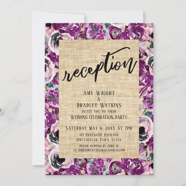 Empfang Fett Pink Blume Burlap Einladung (Vorderseite)