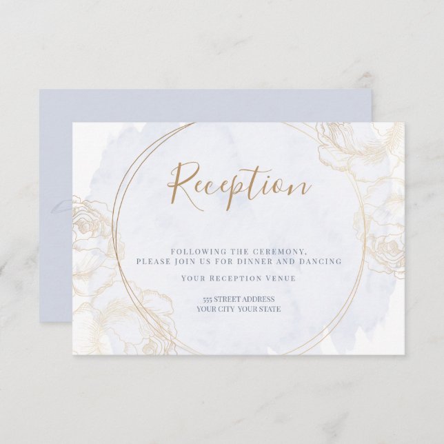 Empfang | Gilded Rose Dusty Blue Watercolor Einladung (Vorne/Hinten)