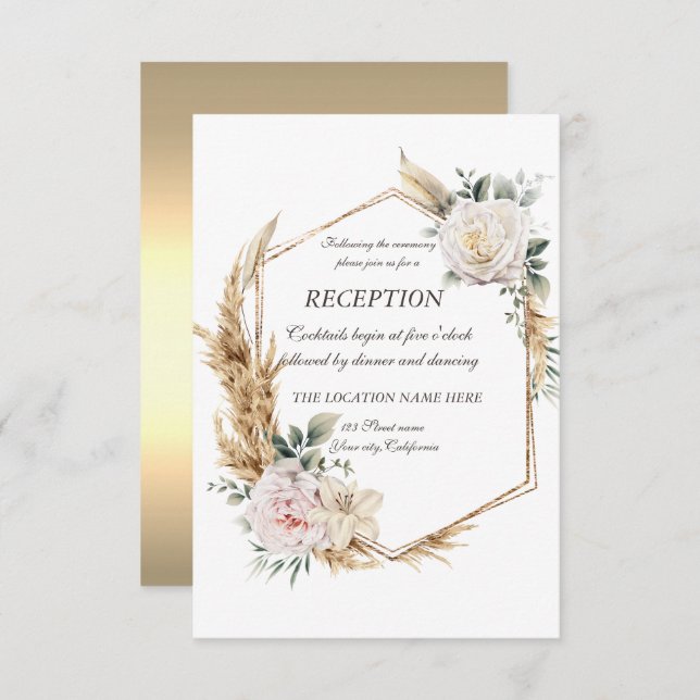 Empfang mit Blumengoldrahmen Einladung (Vorne/Hinten)