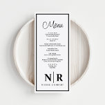 Empfang oder Abendessen für die Verlobung Menükarte<br><div class="desc">Die Empfang- oder Verlobung-Dinner-Menus von White und Black Wedding Monogram, das Inbegriff zeitloser Eleganz und personalisierter Eleganz für Ihren besondere Anlass. Diese Speisekarten sind mit viel Liebe zum Detail gestaltet und verleihen jedem Hochzeitsempfang, Probe oder Verlobungsfest eine Touch der Verfeinerung. Die klassische Kombination aus Schwarz und Weiß bietet eine saubere...</div>