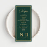 Empfang oder Abendessen für die Verlobung Menükarte<br><div class="desc">Mit unserem Emerald Green und Gold Wedding Monogram Empfang oder Verlobung Dinner Menus, einer atemberaubenden Ergänzung zu Ihrem besonderen Ereignis, das Eleganz mit personalisiertem Charme verbindet. Diese Menüs sind mit einem smaragdgrünen Hintergrund und luxuriösen Golddetails gestaltet und sorgen für ein elegantes Ambiente, das jeden Tisch noch angenehmer macht. Diese Menüs...</div>