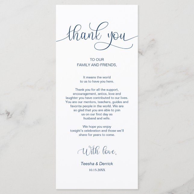 Empfang Place Setting Vielen Dank, Navy Blue Cards Programm (Vorderseite)