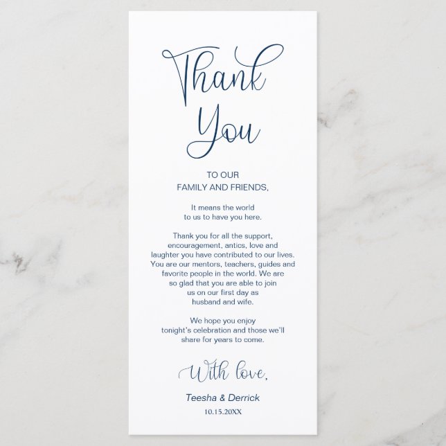 Empfang Place Setting Vielen Dank, Navy Blue Cards Programm (Vorderseite)