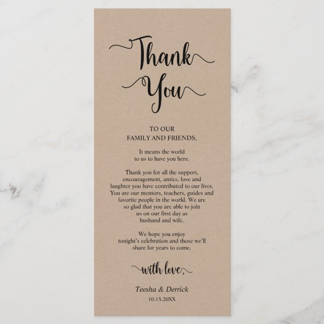 Empfang Platzierung Danke, Kraft Cards Programm (Vorderseite)