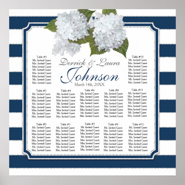 Empfang Seating Chart Navy White Hydrangees Poster (Vorne)