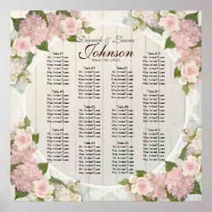 Empfang Sitzkarte Rosa Hydrangea Holzbalken Poster