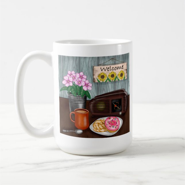 Empfang, Sonnenblumen, Donuts und Kaffee Kaffeetasse (Links)