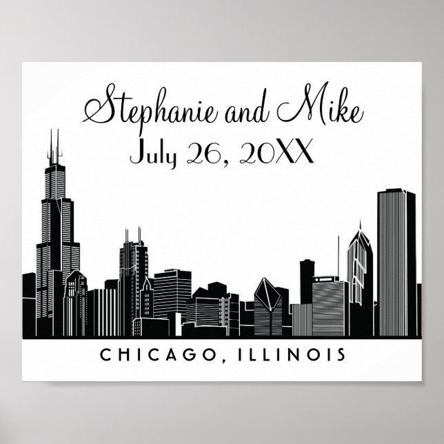 Empfang von Chicago Skyline Black Wedding Poster (Vorne)