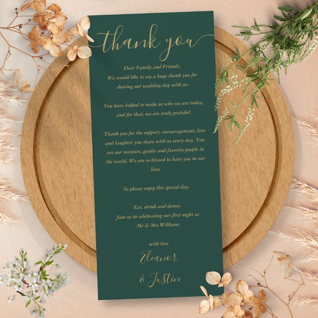 Empfang von Green Gold Hochzeit Dankeschön Platzka Menükarte (Green Gold Wedding Reception Thank You Place Card)