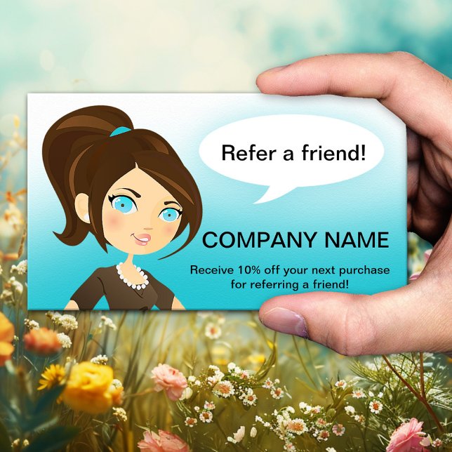 Empfehlen Sie einer Friend Business Card Empfehlungskarte (Referral or tell-a-friend business card with a cartoon lady recommending your business)