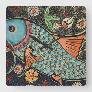 Empfindliches Ozean-Mosaik KüstenKoi Fische Quadratische Wanduhr
