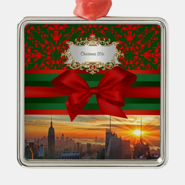 Empire St Bldg Sunset NYC Red Green Damask Xmas #2 Ornament Aus Metall (Vorne)
