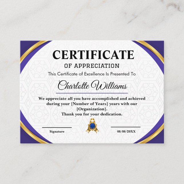 Employee Recognition Appreciation Gold Certificate Begleitkarte (Vorderseite)