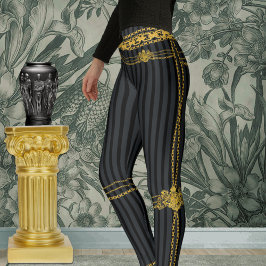 Empress Black & Gray Stripe Gold Ketten Leggings