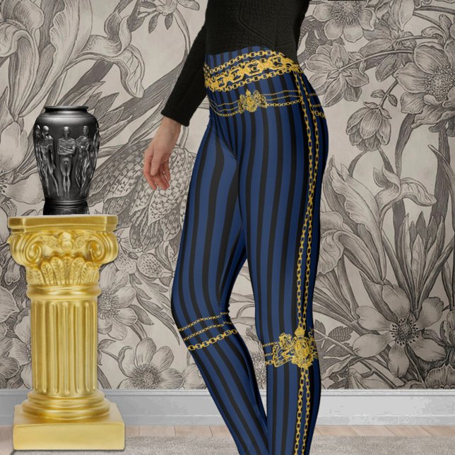 Empress Gold Chain Lion Emblem Black Blue Strip Leggings (Von Creator hochgeladen)