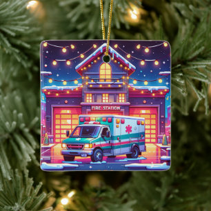 EMS Ambulance am Feuerwerk Weihnachten dekoriert Keramikornament