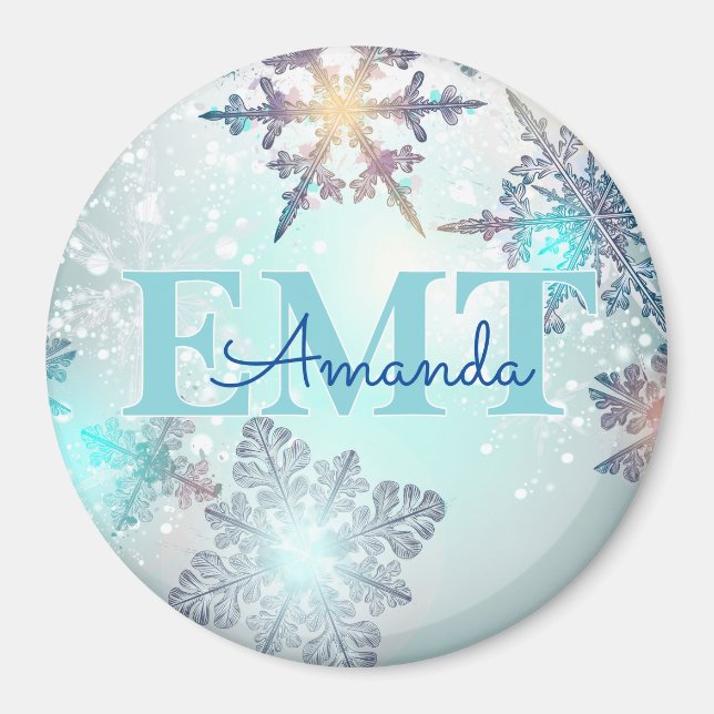EMT Ice Blue Snowflake Personalized Name  Magnet (Vorne)