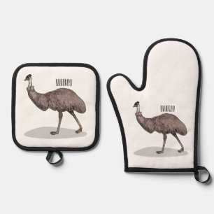 Emu Vogel Cartoon Ofenhandschuh & Topflappen-Set