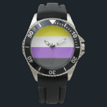 Enby-Flag (nicht binärer Stolz) Armbanduhr<br><div class="desc">Dieses Design enthält die nichtbinäre Stolperflagge, die Personen repräsentiert, die sich als nichtbinär (auch nichtbinär geschrieben) oder genderqueer identifizieren, wobei es sich um ein Spektrum von Geschlechtsidentitäten handelt, die nicht ausschließlich männlich oder weiblich ‍ sind, sondern außerhalb des Geschlechterbinärs liegen. Nichtbinäre Identitäten können unter den transgenderen Schirm fallen, da sich...</div>
