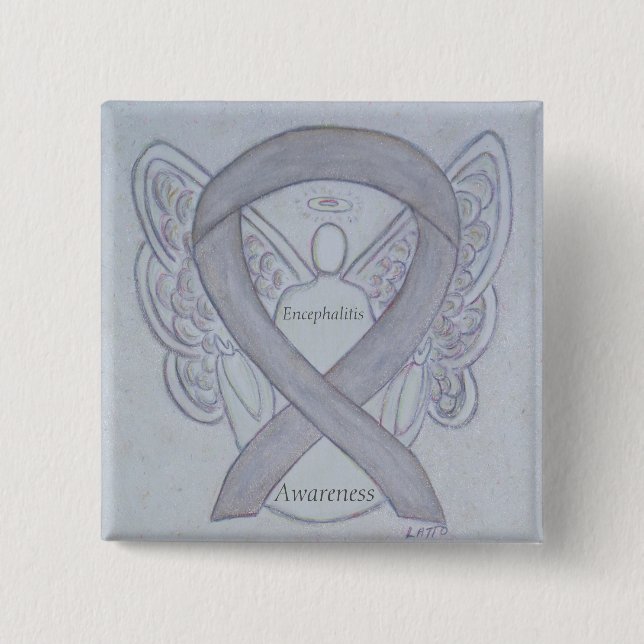 Encephalitis Silbernes Bewusstsein Ribbon Angel Ar Button (Vorderseite)