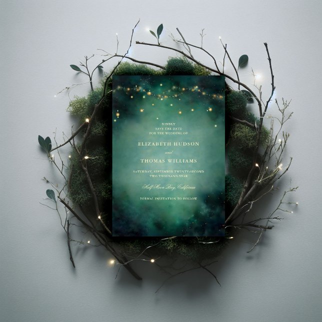 Enchangerman Forest Emerald Gold Fairy Lights Hoch Save The Date (enchanted forest fairy lights emerald green gold wedding save the date elegant formal modern classic)
