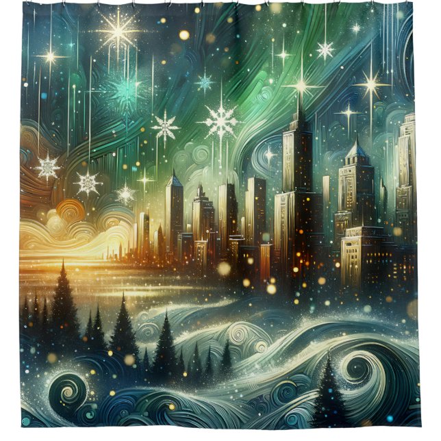 "Enchanted Aurora Winter Citycape" Duschvorhang (Vorderseite)