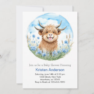 Enchanted Blue Highland Cow Boy Baby Shower Einladung