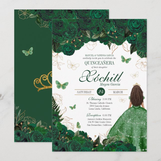 Enchanted Butterfly Garden Emerald Quinceanera Einladung (Vorne/Hinten)