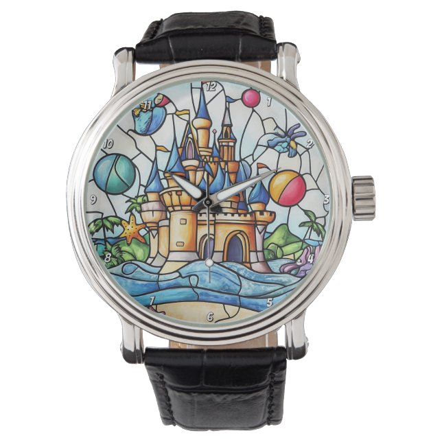 Enchanted Castle Time Stained Glass Fairytale Wall Armbanduhr (Vorderseite)