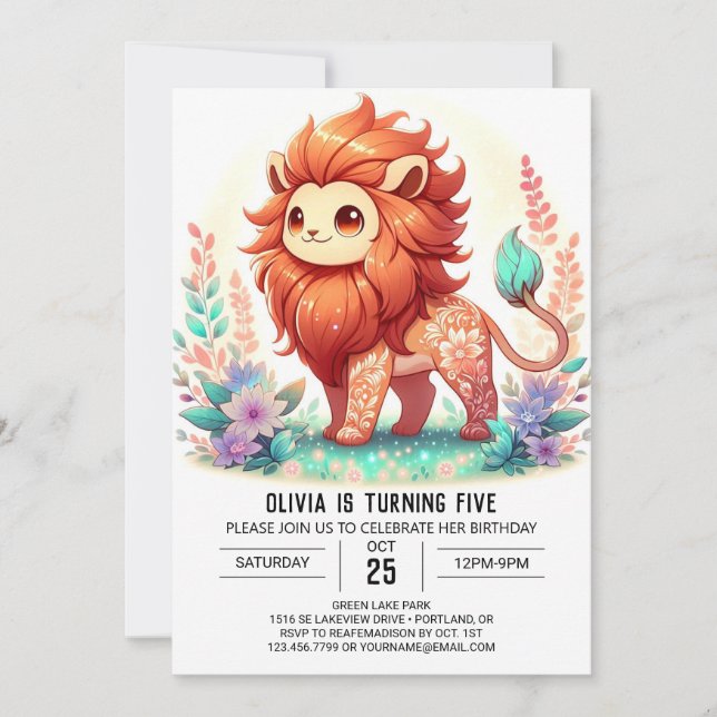 Enchanted Digital Lion Birthday Einladung (Vorderseite)