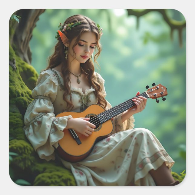 Enchanted  Elven Fairy Playing Ukulele Quadratischer Aufkleber (Vorderseite)