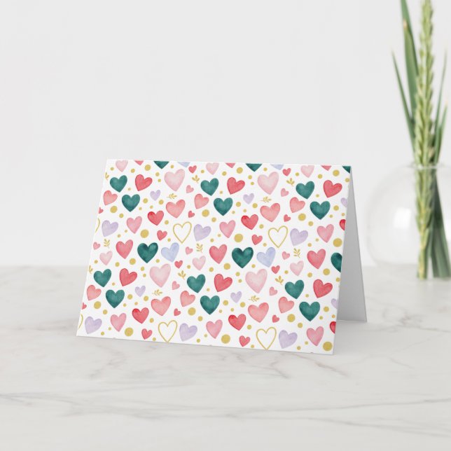 Enchanted Evergreen & Rose Watercolor Hearts Karte (Vorderseite)