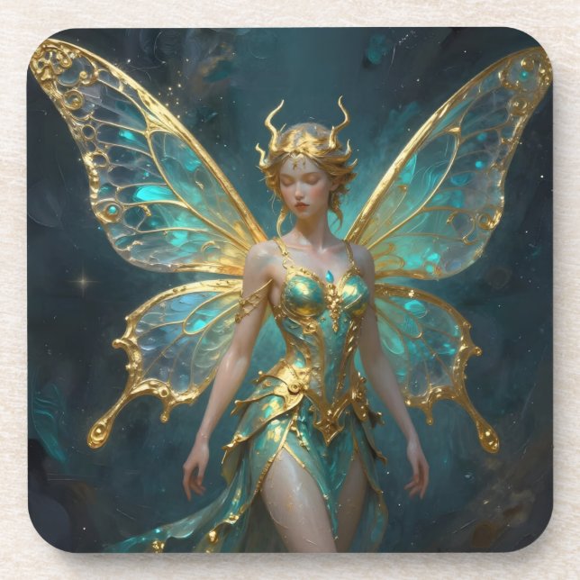 Enchanted Fairy in Gold and Turquoise  Getränkeuntersetzer (Vorderseite)