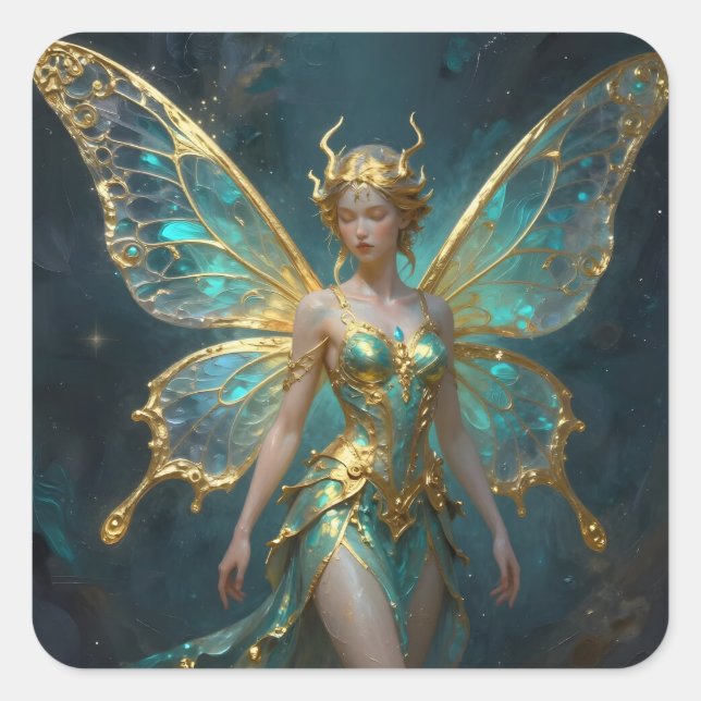 Enchanted Fairy in Gold and Turquoise  Quadratischer Aufkleber (Vorderseite)