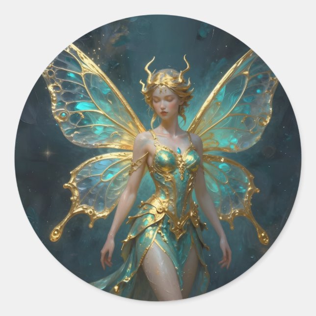 Enchanted Fairy in Gold and Turquoise  Runder Aufkleber (Vorderseite)