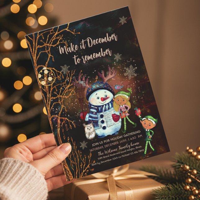 Enchanted Forest Black Gold Snowman Elves  Einladung (Enchanted Forest Black Gold Snowman Elves Invitation)