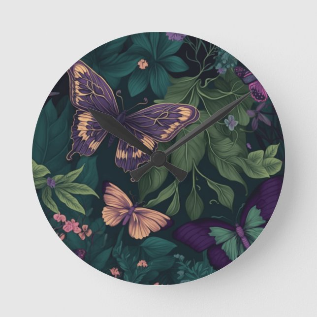 Enchanted Forest Butterflies Botanical Clock Runde Wanduhr (Vorderseite)